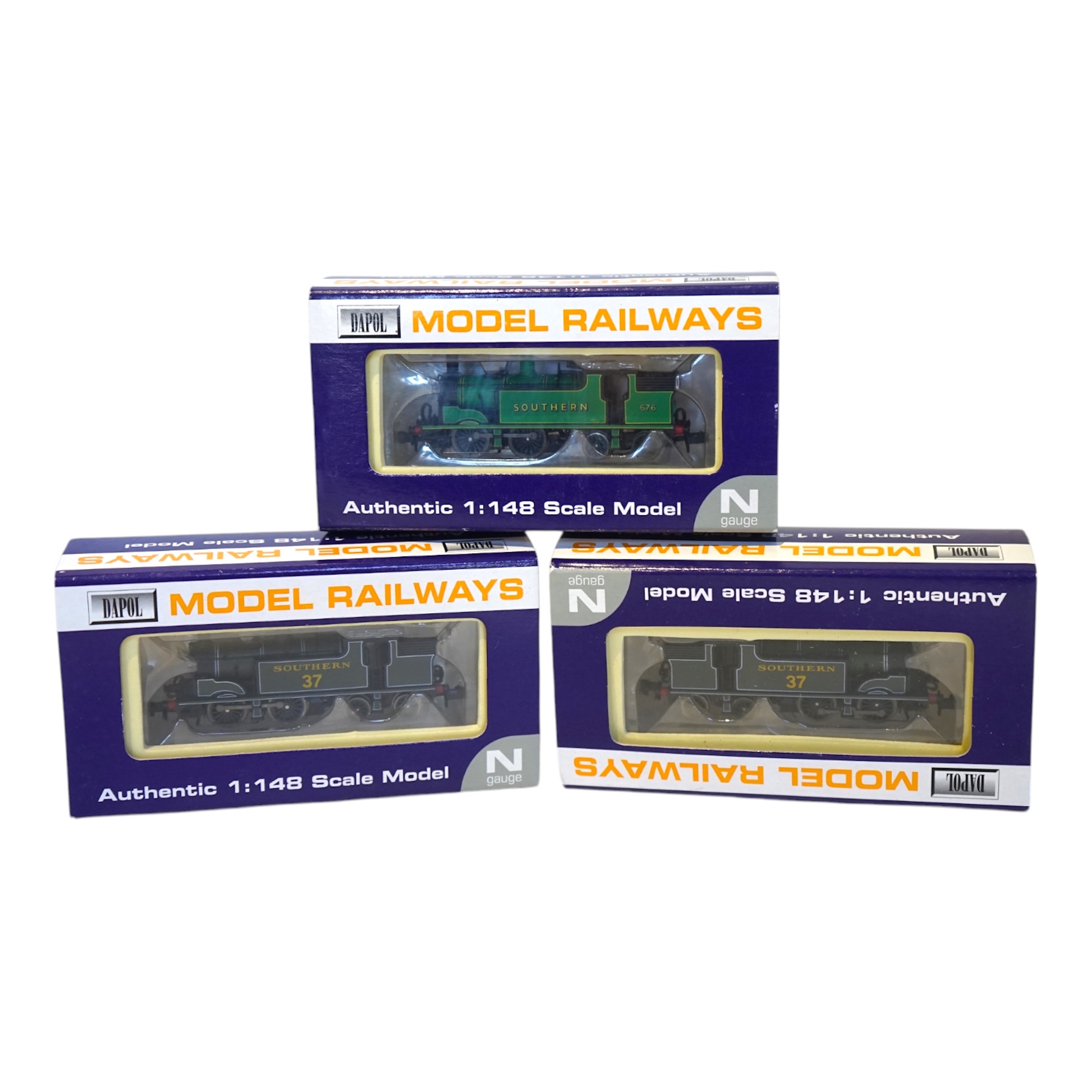 Three boxed Dapol N gauge railway Southern Railway locomotives; a Class M7, 37 (ND-26), a Class M7, 37 (ND-26), and a Class M7, 676 (ND-046). Condition - good.